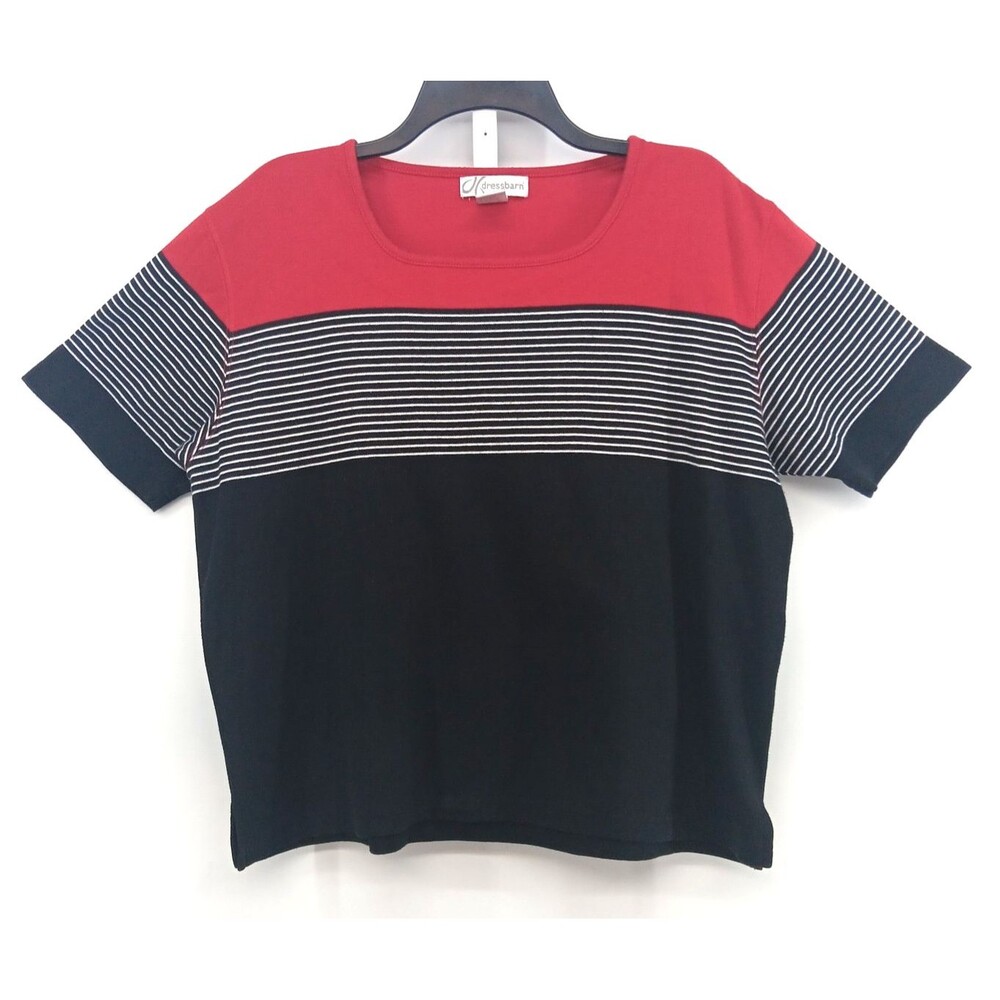 Dressbarn Shirt Women Size XL Black Red Striped Short Sleeve Round Neck Knit Top